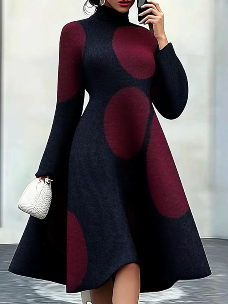 Elegant Polka Dots Turtleneck Sweater Dress