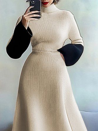 Elegant Color Block Long Sleeve Regular Fit Maxi Sweater Dress