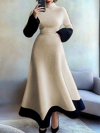 Elegant Color Block Long Sleeve Regular Fit Maxi Sweater Dress